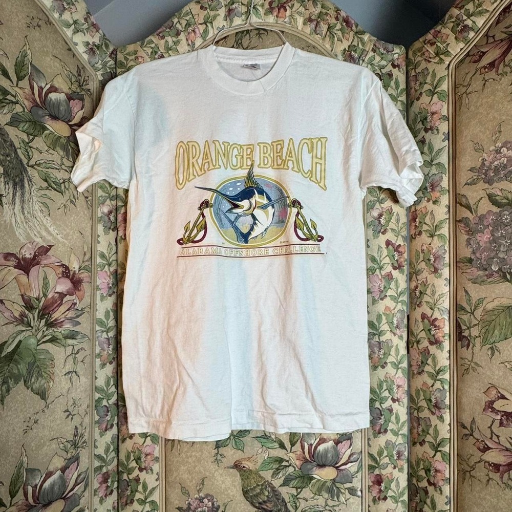 Vintage 90s Fruit of the Loom Orange Beach Alabama Sailfish Graphic T-Shirt L